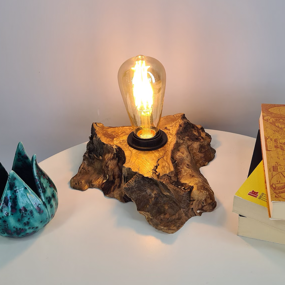 Live Edge Olive Wood Table Lamp – Handmade Rustic Lamp